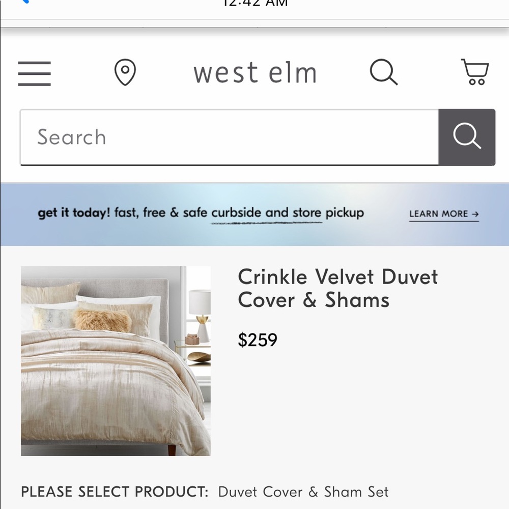 West Elm velvet queen duvet cover and shams